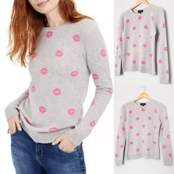 Charter Club 100% Cashmere Lipstick Lips Crewneck Sweater Gray Pink Size S $159 - Picture 3 of 15